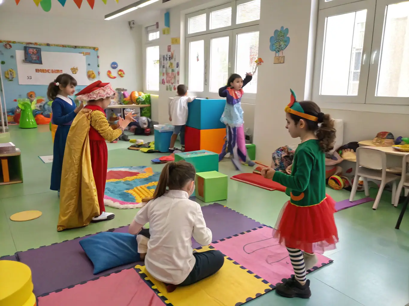 A vibrant image depicting a group of children participating in an acting workshop, showcasing enthusiastic engagement and creative expression, set in a brightly lit studio with theatrical props in the background.