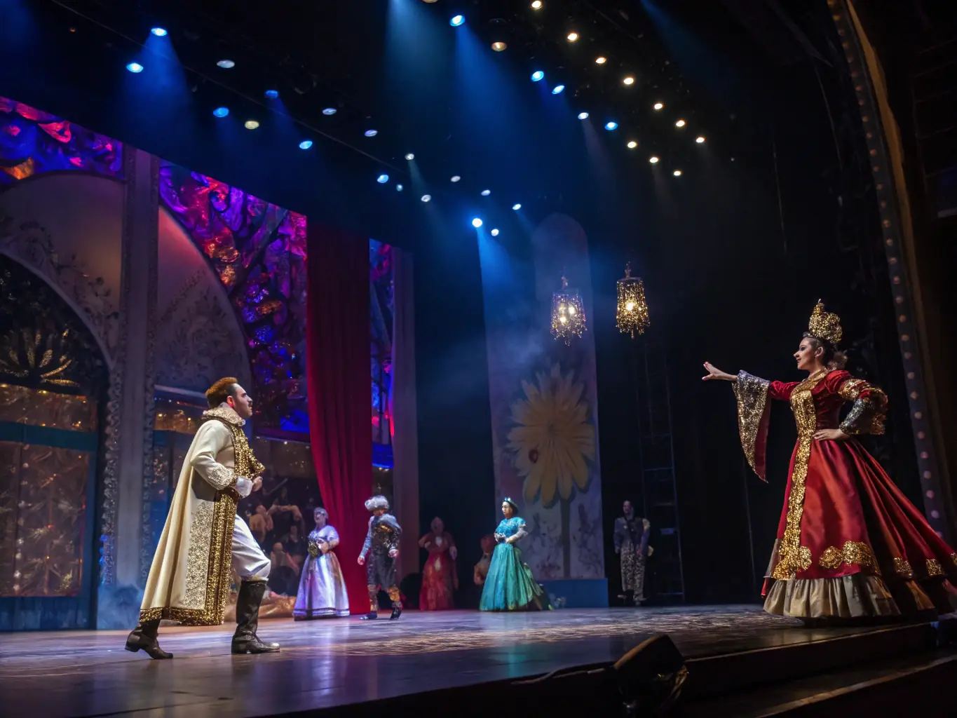 A captivating image featuring a scene from a recent theatrical performance by ACCES THEATRE, highlighting the actors, costumes, and stage setting, with an audience visible in the background.