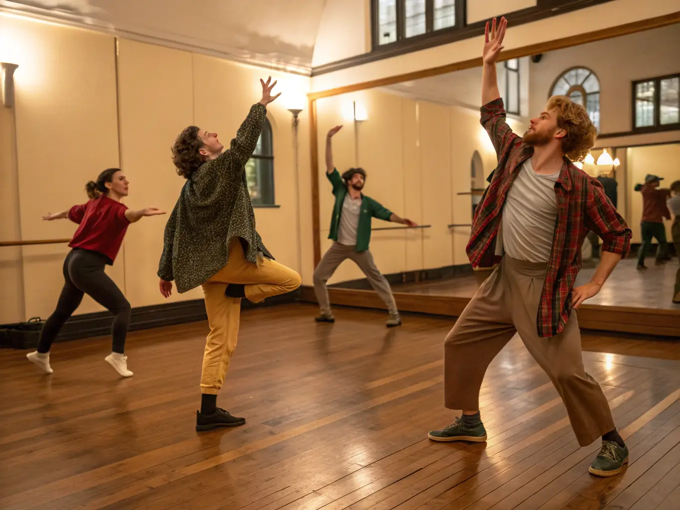 A dynamic image of a theatrical workshop in progress, with participants actively engaged in acting exercises and scene work, showcasing the hands-on learning experience.