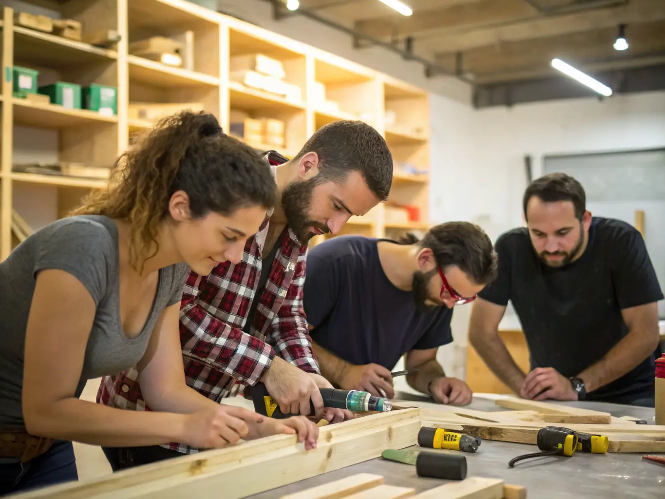A dynamic image showing a diverse group of adults collaborating on a stagecraft project, focusing on set design and construction, in a workshop setting with various tools and materials.